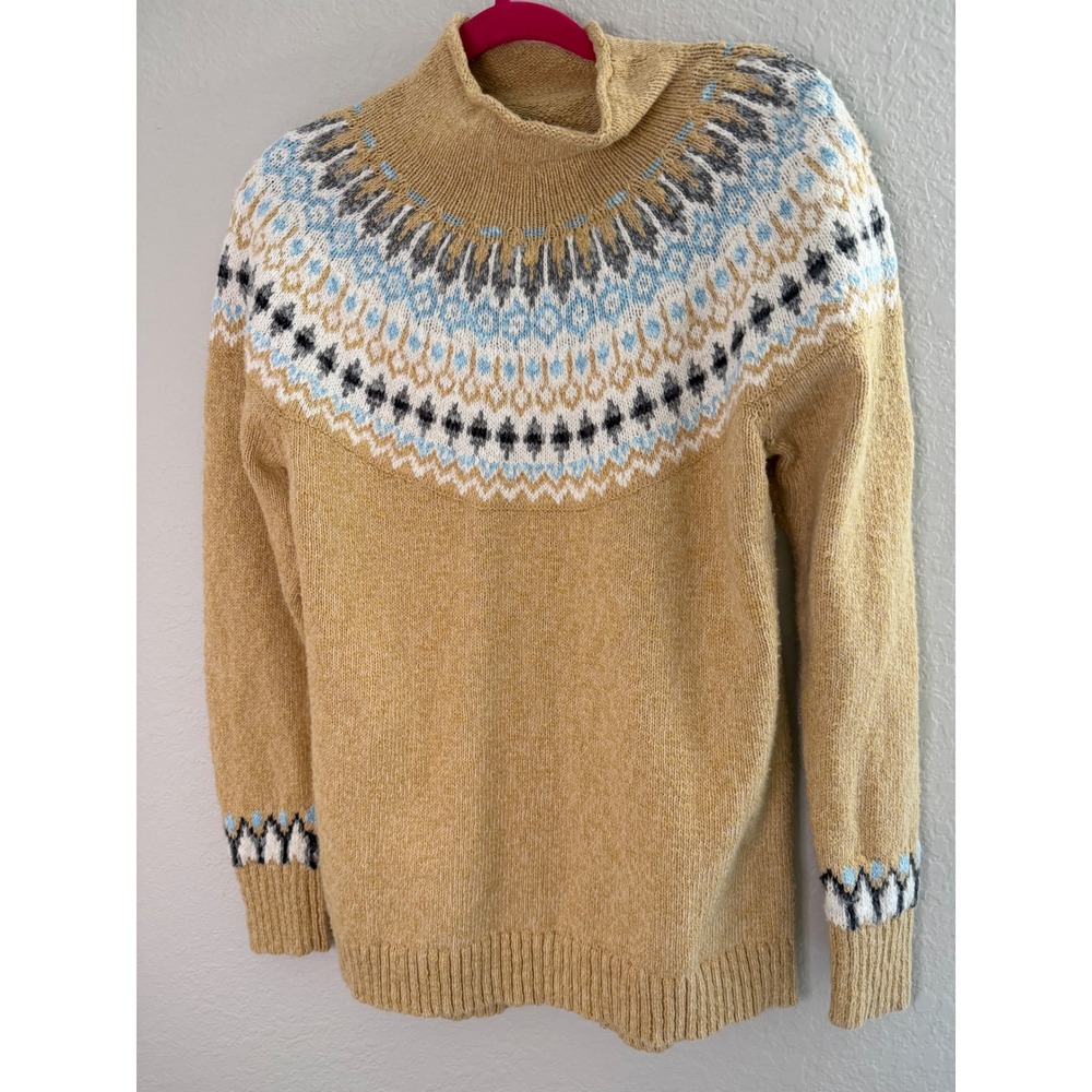 LL Bean Womens XL Mustard Yellow Fair Isle Mock Neck Knit Sweater Long Sleeve